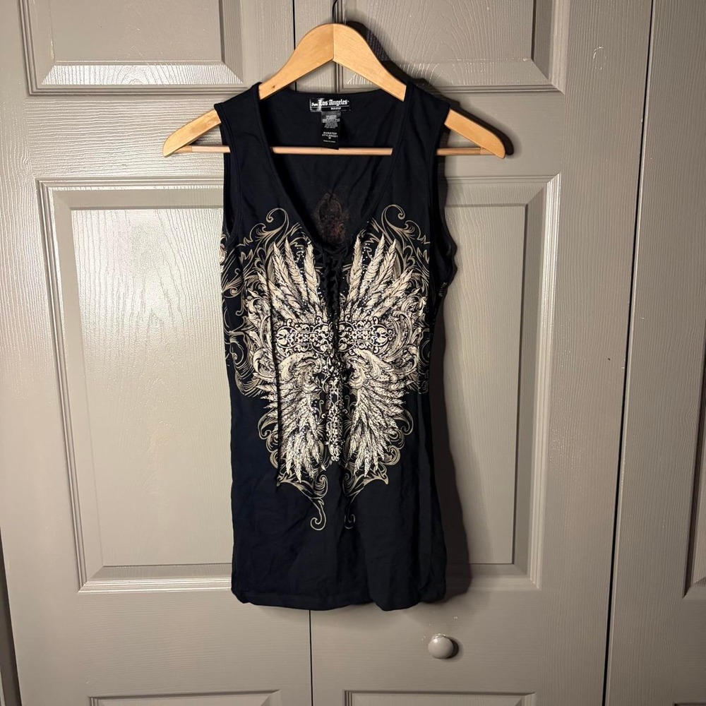 From Los Angeles Bus Stop Angel Wings Beaded Lace Up Top Black White Size M